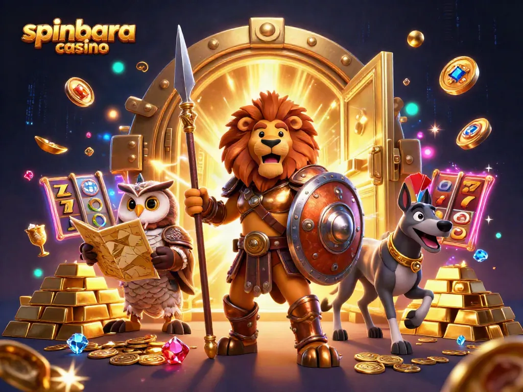 Experience winning thrills at Spinbara Casino with a lively 3D illustration of a heroic lion and numerous game elements.