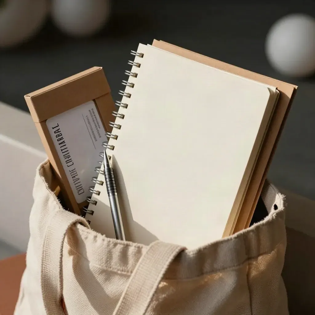 Cuaderno espiral, caja de fichas, portaminas y carpeta transparente junto a una correa de bolsa.