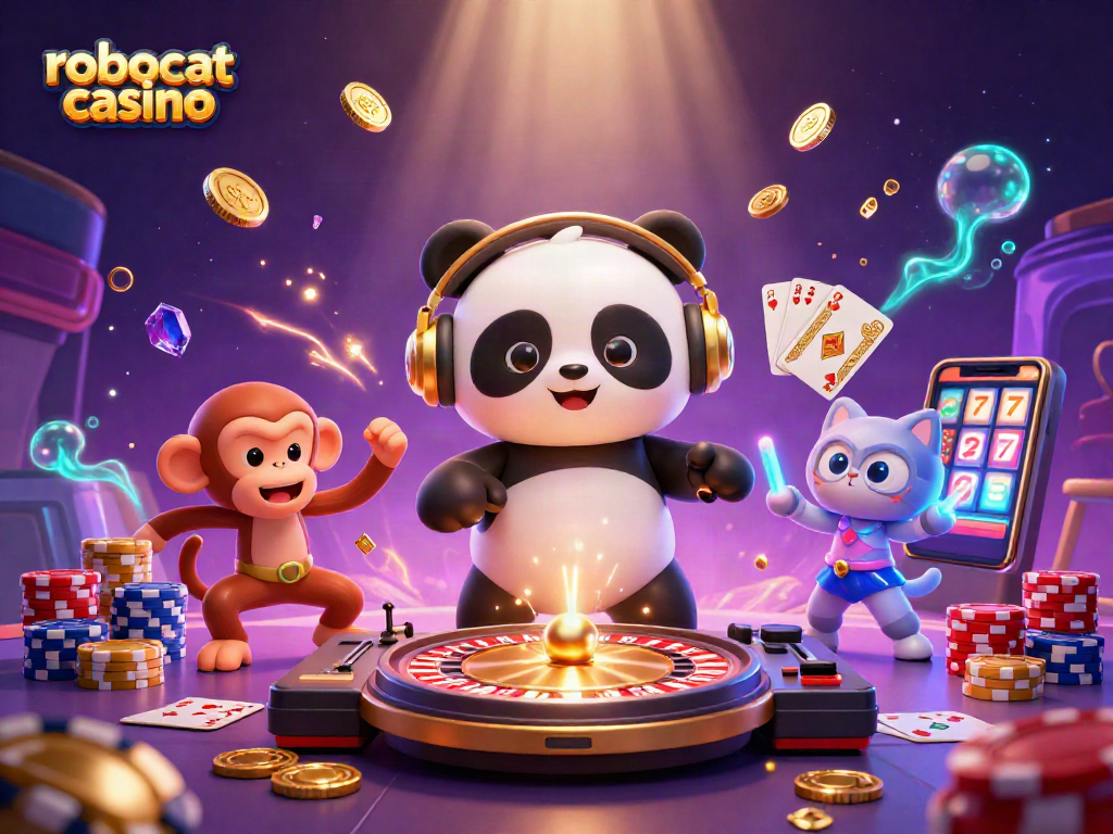 Experience excitement at Robocat Casino with DJ panda and vibrant gaming elements.
