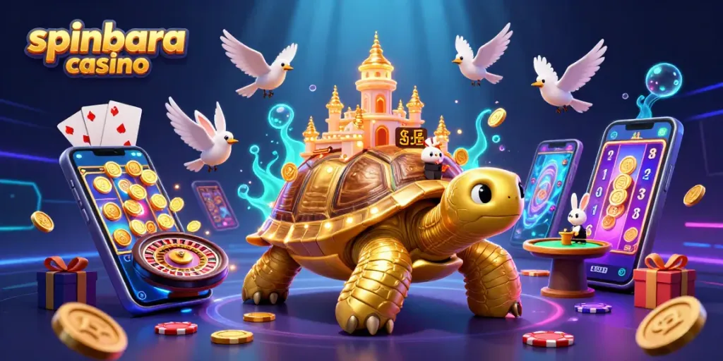 Discover the exciting world of spinbara casino with games and golden rewards in this vibrant 3D illustration.